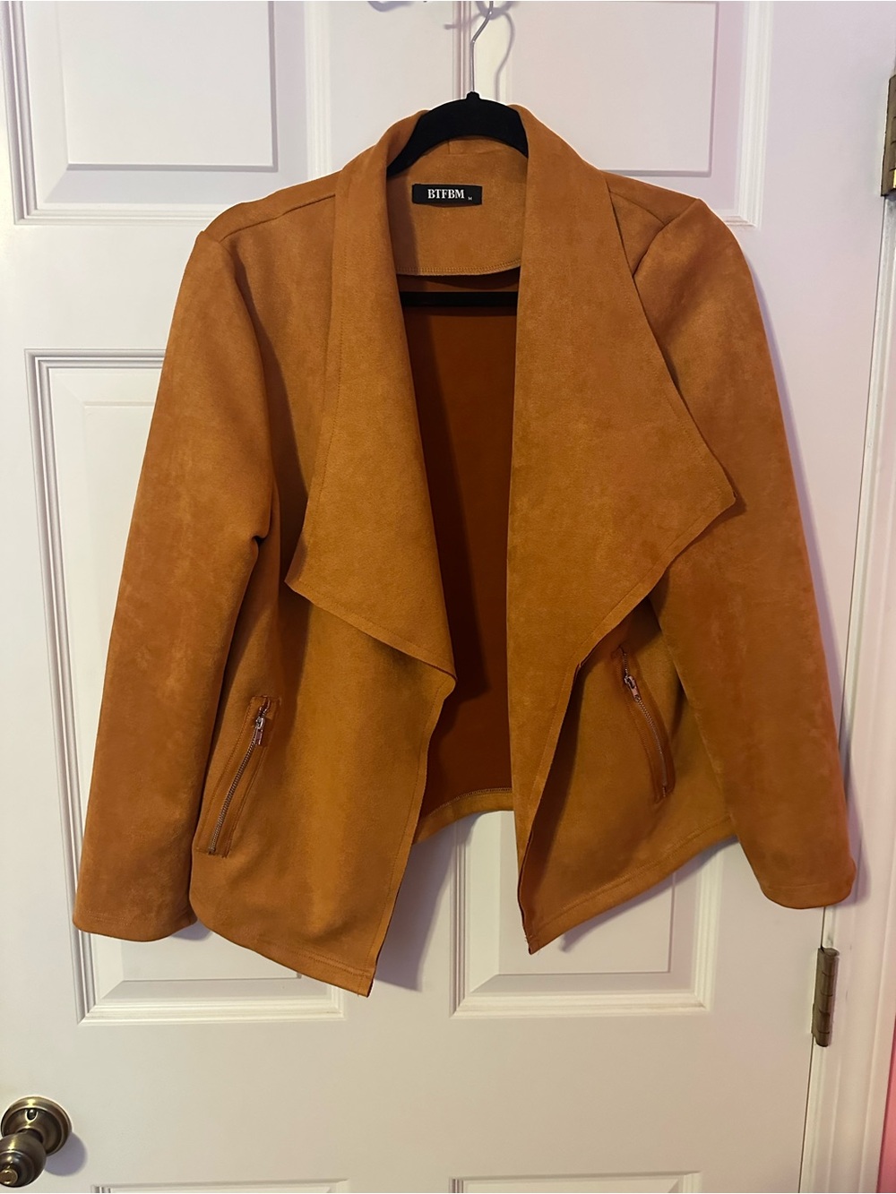 Women's Faux Suede Draped Open Front Jacket - Tan size medium new without tags